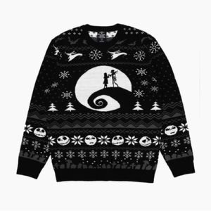 2X Nightmare Before Christmas Jack and Sally on Hill Intarsia Holiday Sweater